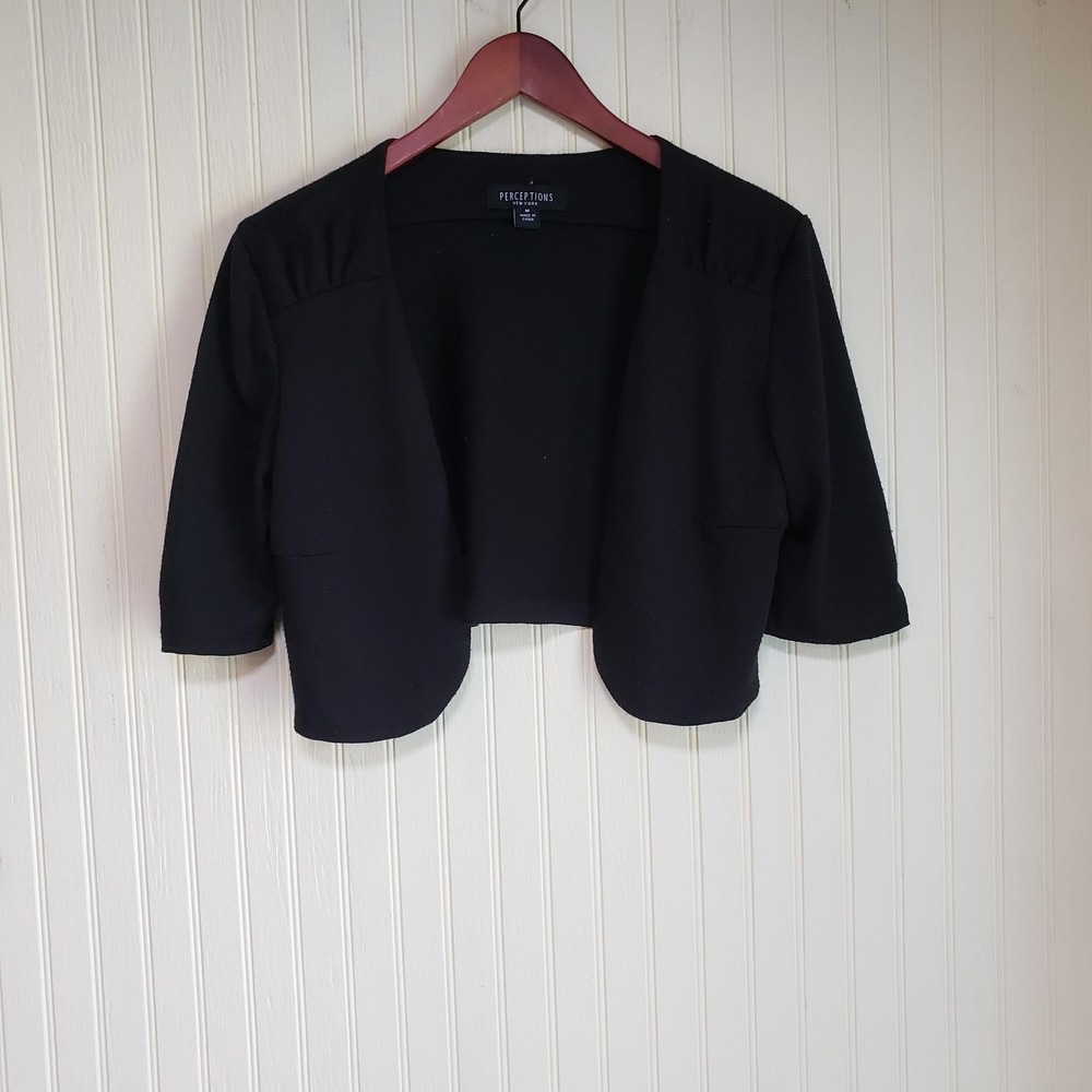 Perceptions Blazer Womens Medium Black Open Front Knit 3/4 Sleeve Cropped